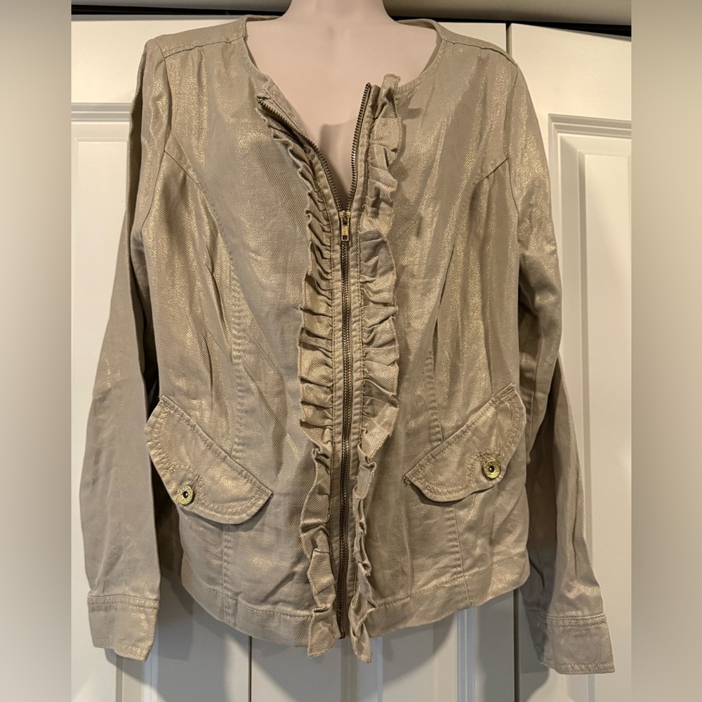 Lane Bryant tan beige gold linen blend ruffle jacket 14